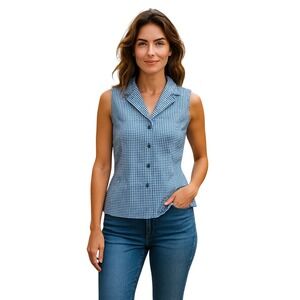 Vintage Connie Roberson Gingham Silk Sleeveless Blouse Blue White L Made in USA‎